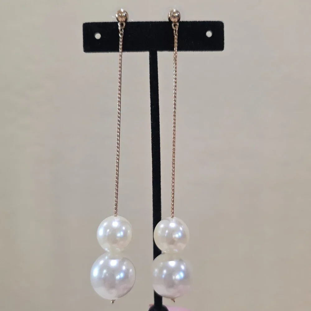 BP Nordstrom Long Two Faux Pearl Gold Chain Dangle Pierced Earrings